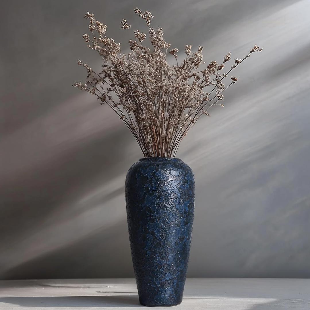 Blue Ceramic Vase, 13" Tall Rustic Terracotta, Blue Pampas Grass Vases, Large Vintage Centerpieces, Pottery for Home Decor, Living Room, Entryway, Table Centerpieces, Kitchen, Housewarming Gifts