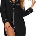 Ekouaer Nightgowns for Women Long Sleeve Nightshirt Button Down Sleepshirt Nightdress Boyfriend Sleepwear S-XXXL (Black, M)