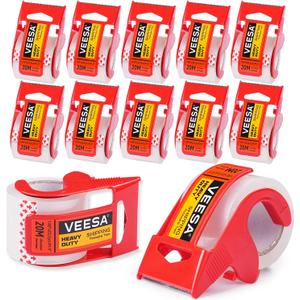 VEESA Shipping Packing Tape with Dispenser, Clear, 12 Rolls Heavy Duty Packaging Tape for Moving Supplies, 1.88" x 22.2 yd, 1.5" Core