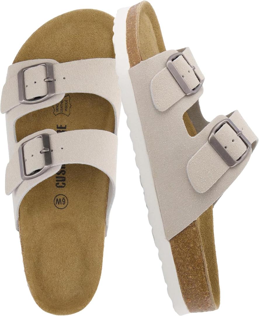 CUSHIONAIRE Lane Cork Footbed Sandals for Women  Comfortable Double Buckle Slip-On with Genuine Suede Footbed & Arch Support Slides for Women Footwear (9 Wide)