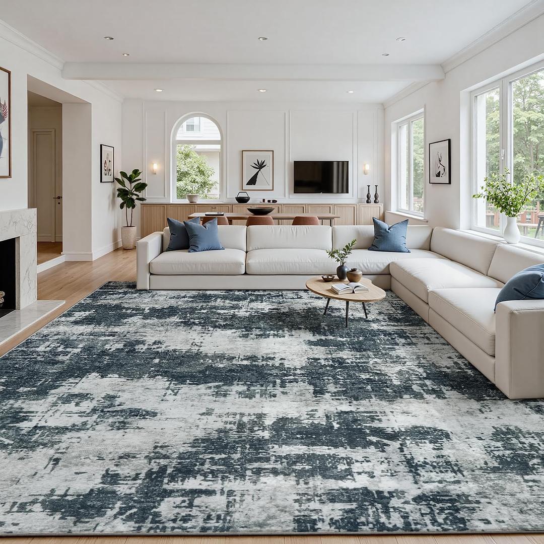 Area Rug 8x10 Living Room Rug Washable: No-Slip Abstract Soft Thin Large Black Rugs, Indoor Floor Stain Resistant Modern Carpet for Bedroom Dining Room Farmhouse Nursery Home Office (Black, 8'x10')