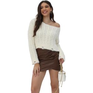 2025 Fall Cropped Sweater for Women Off The Shoulder Pullover Fluffy Knit Fashion Crop Top Holes Design (M)
