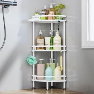 HapiRm Standing Corner Shower Caddy - 3 Tier Shower Organizer Corner with Soap Holder and 4 Hooks, Rustproof Bathroom Storage Shelves with Adhesives, White