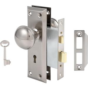 Mortise Lock Set for Interior Door, Vintage Antique Door Knobs with Lock and Skeleton Key, Old Door Knob Replacement Fits 1-3/8 in 1-3/4 in, Brushed Satin Nickel Finish
