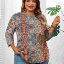 LOMON Plus Size Women Blouses 3/4 Length Sleeve Tops Crewneck Pleated Casual Tees Shirts 1X-5X (XXXL)