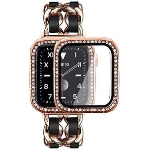 Mosonio Compatible for Apple Watch Band 44mm with Screen Protectors Case Women, Jewelry Bracelet Metal Bands with 2P Bling Cover for 44mm iWatch Series SE 6 5 4(Rose Gold Link with Black Leather)