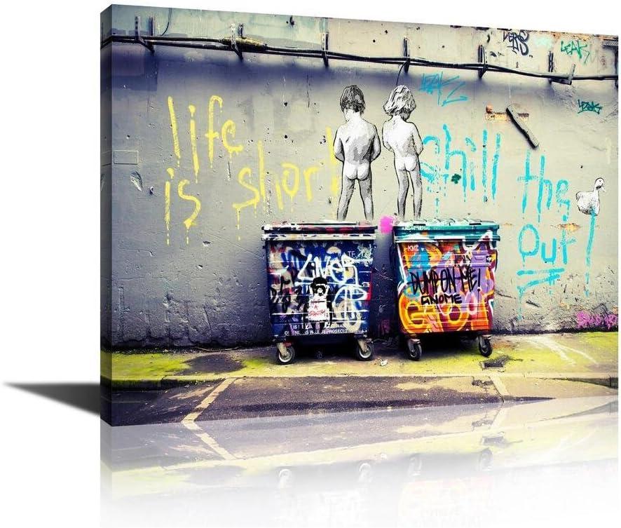 Life Is Short Banksy Wall Decor - Playing Babies Cartoon Canvas Print Wall Art for Living Room Decor (24L" x 18W")