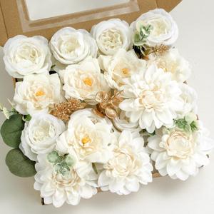 Artificial Flowers Fake Rose Combo Box Set Ivory White Silk Flowers Camellia White Dahlia Leaf with Stems for DIY Wedding Bouquets Table Centerpieces Baby Shower Party Home Bridal Decorations