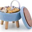 Wimarsbon Storage Ottoman, Modern Round Footrest with Soft Padded Seat, Teddy Velvet Footstool with Wood Legs, Accent Small Table or Plant Stand for Hallway, Living Room (Blue)