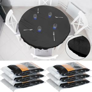 Boao 6 Pcs Round Plastic Fitted Tablecloth with Elastic Edge Design Waterproof Table Cover Plastic Tablecloth Protector for Table(48 Inch,Black)