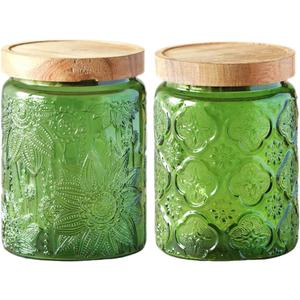Vintage Glass Jars, 23.7 FL OZ Airtight Glass Storage with Acacia Lid, Food Containers for Kitchen - Ideal for Tea, Coffee, Sugar, Candy, Cookies, Spices - Home Decorative Jar (Green 2Pack)