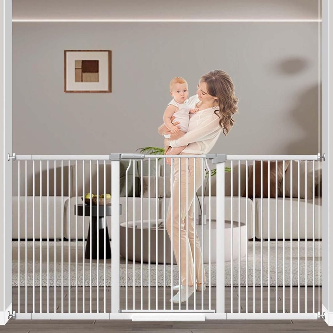 72.2"-76.7" Extra Wide Baby Gate, 40.5" Tall Dog Gate Indoor,Walk Through Pet Gates for Doorways Kitchen No Drilling Auto Close Pressure Mounted Safety Child Toddler Gate, White