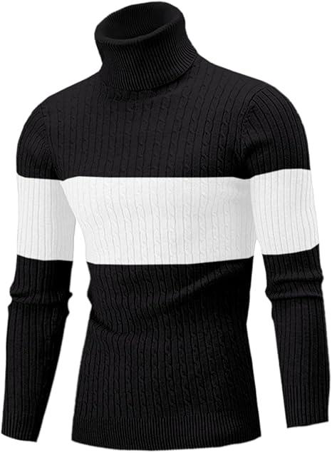Men's Casual Slim Fit Turtleneck Pullover Sweaters Tops with Twist Patterned, Size M, Black and White