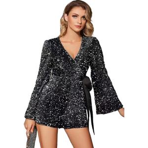 UNIQUE 21 Women Sequin Romper One Piece Shiny Wrap V Neck Shorts Jumpsuit Deep V Neck Long Sleeve Disco Dance Outfits (Small, Black)