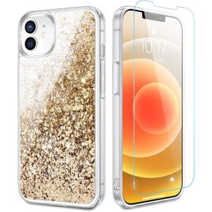 Caka Glitter Case for iPhone 12/12 Pro for Women Girls, Bling Sparkle Liquid Phone Cover with Screen Protector, Sparkly Girly Flowing Floating Moving Quicksand Accessories - Gold