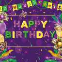 Mardi Gras Birthday Backdrop Purple Green Mask Feather Ballon Birthday Photography Background Women Men Carnival Masquerade Dancing Party Supplies (7x5FT)