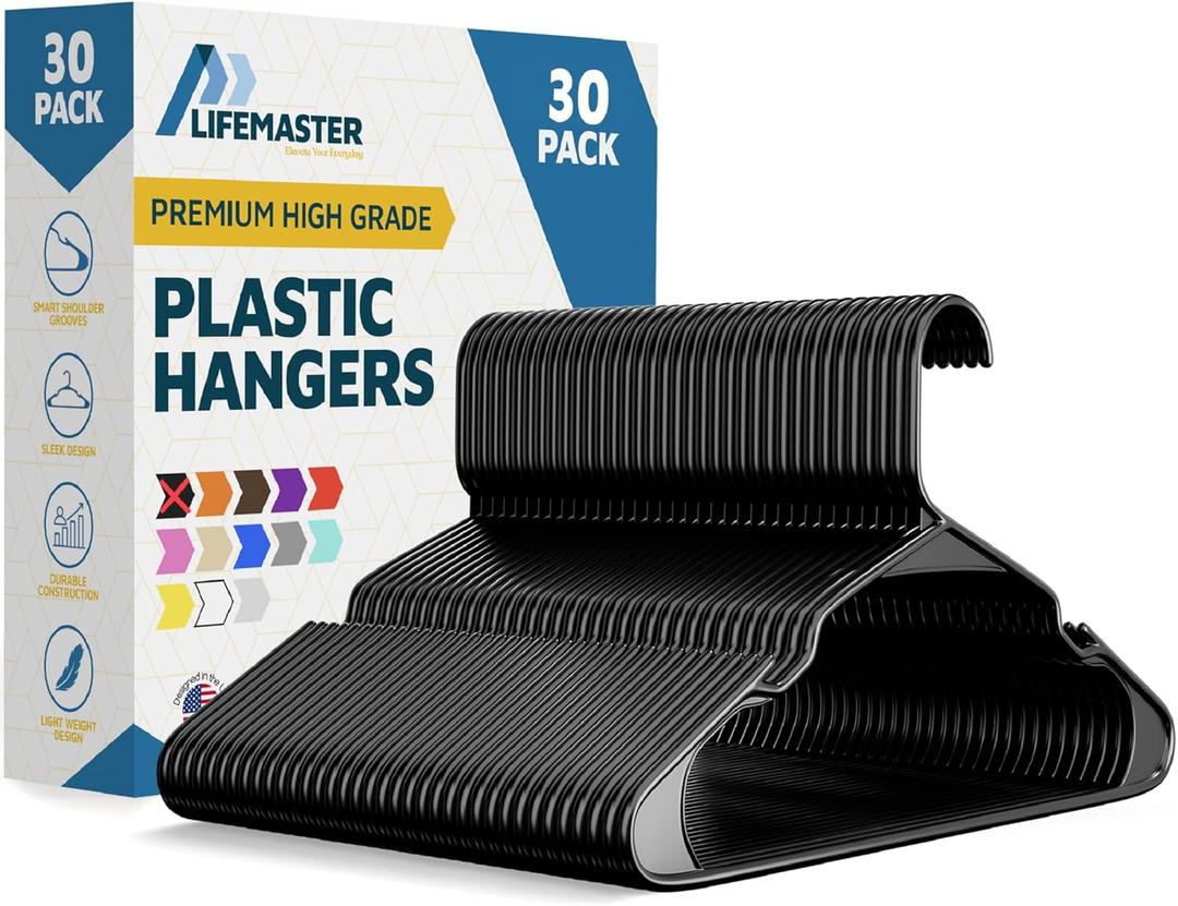 Lifemaster Plastic Clothes Hanger Set - 30 Pieces Versatile, Lightweight, Space-Saving, Non-Slip, Slim Designed, Dry and Wet Clothes Hanger Set - Black