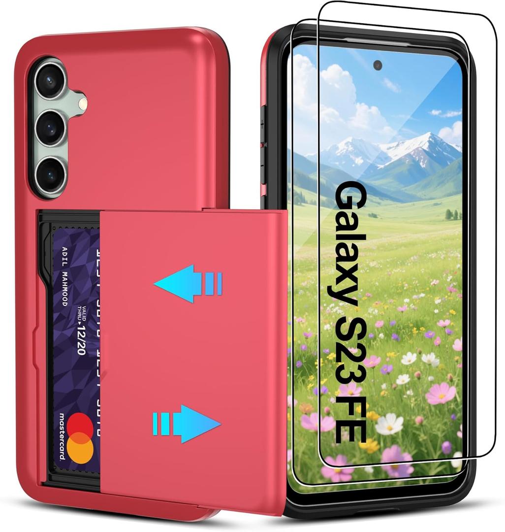 Pilaru Compatible with Samsung Galaxy S23 FE Case with Card Holder Dual Layer Heavy Duty Protective Shockproof Hidden Card Slot Slim Wallet Phone Cover for Women&Men for S23 FE Phone Case (Red)