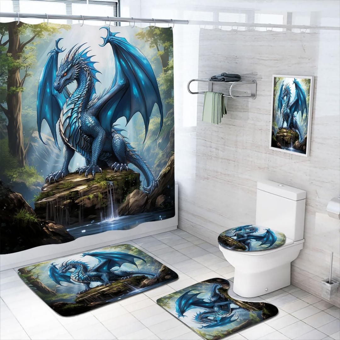 4 Pcs Dragon Forest Shower Curtain Set with Rugs,Toilet Lid Cover, Bath Mat, Fantasy Theme Magic Animal Bathroom Shower Curtain with 12 Hooks Accessories Decorative (70.9"W x 70.9"L (Pack of 4))