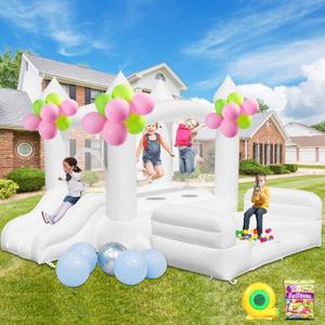 White Bounce House, Inflatable Bounce Castle with Blower, Blow Up Bouncy Castle with Rest Chairs, Slide, Ball Pit for Kids Indoor Outdoor