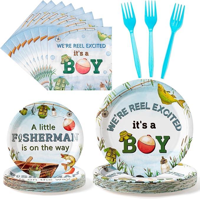 ANGOLIO Gone Fishing Party Tableware Set - 96Pcs Summer A Little Fisherman Is On The Way Party Supplies Include Disposable Paper Plates Napkins Forks Decoration for Boy Birthday Baby Shower, Serves 24