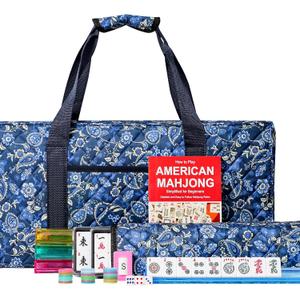 American Mahjong Set with Blue Carrying Bag, 166 White Tiles, 4 All-in-One Rack/Pushers, Mahjong Tiles Set (Ma Jong, Mah-Jongg, Majiang)