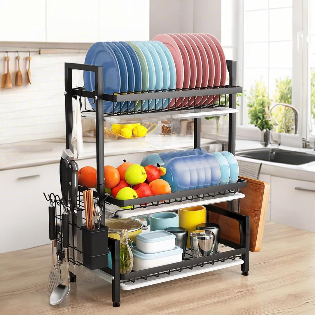 75L Large Capacity Dish Drying Rack, 3-Tier Dish Rack with Pull-Out Draining Tray, Utensil Holder, Drainboard, Black Kitchen Counter Dish Rack (3-Tier)