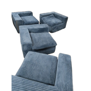 Boneless Couch, 4 L Shaped Blue Pieces, 1 Black Long Piece