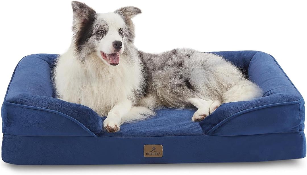 Bedfolks Orthopedic Dog Bed, Big Waterproof Dog Sofa Bed for Large Dogs, Egg Foam Pet Couch Bed with Removable Washable Cover and Nonslip Bottom, Navy Blue (38.0"L x 28.0"W x 6.5"Th)
