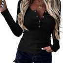 BTFBM Women Long Sleeve Shirts Fall Tops V Neck Button Up Henley Shirts Slim Fit Ribbed Knit Spring Casual T-Shirts 2026 (X-Large, Black)