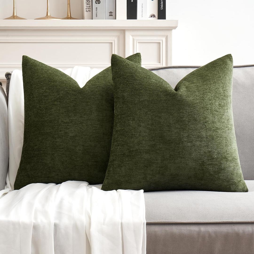 MIULEE Pack of 2 Olive Green Decorative Pillow Covers 18x18 Inch Soft Chenille Couch Throw Pillows Farmhouse Cushion Covers for Home Decor Sofa Bedroom Living Room