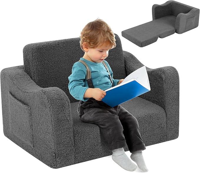 Kidirect Toddler Couch 2-in-1, Kids Sofa Bed Fold Out Convertible Lounger, Chair for Toddlers 1-3 with Storage Pockets, Gift for Boys Girls (Grey)