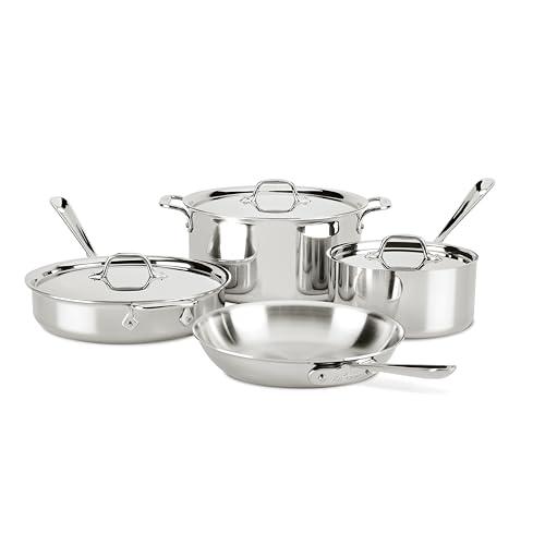 All-Clad D3 3-Ply Stainless Steel Cookware Set 7 Piece Induction Oven Broil Safe 600F Pots and Pans,Silver