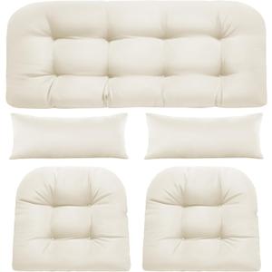 Wicker Chair Cushions of 5 Pieces, Waterproof Outdoor Loveseat Cushion for Wicker Furniture, 1 Love Seat Cushion, 2 U-Shape and 2 Lumbar Pillows for Patio Furniture (Cream)