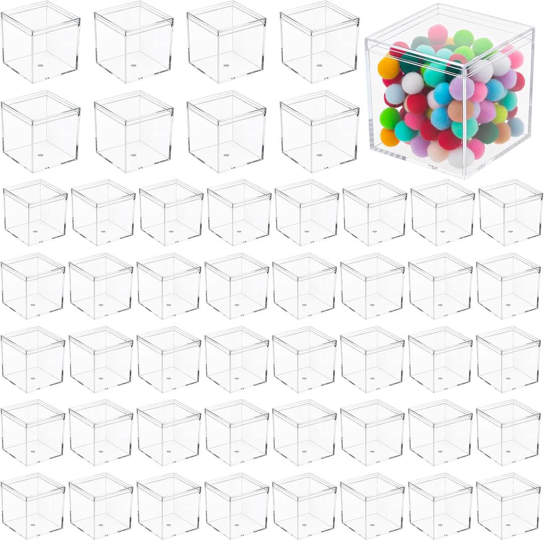 Telooco 48 Pcs Clear Acrylic Box with Lid 2.2 x 2.2 x 2.2 Inch Small Square Display Boxes Candy Storage Containers, Stackable Small Acrylic Cubes for Candy Pill Beads Earring Jewelry Party Favor