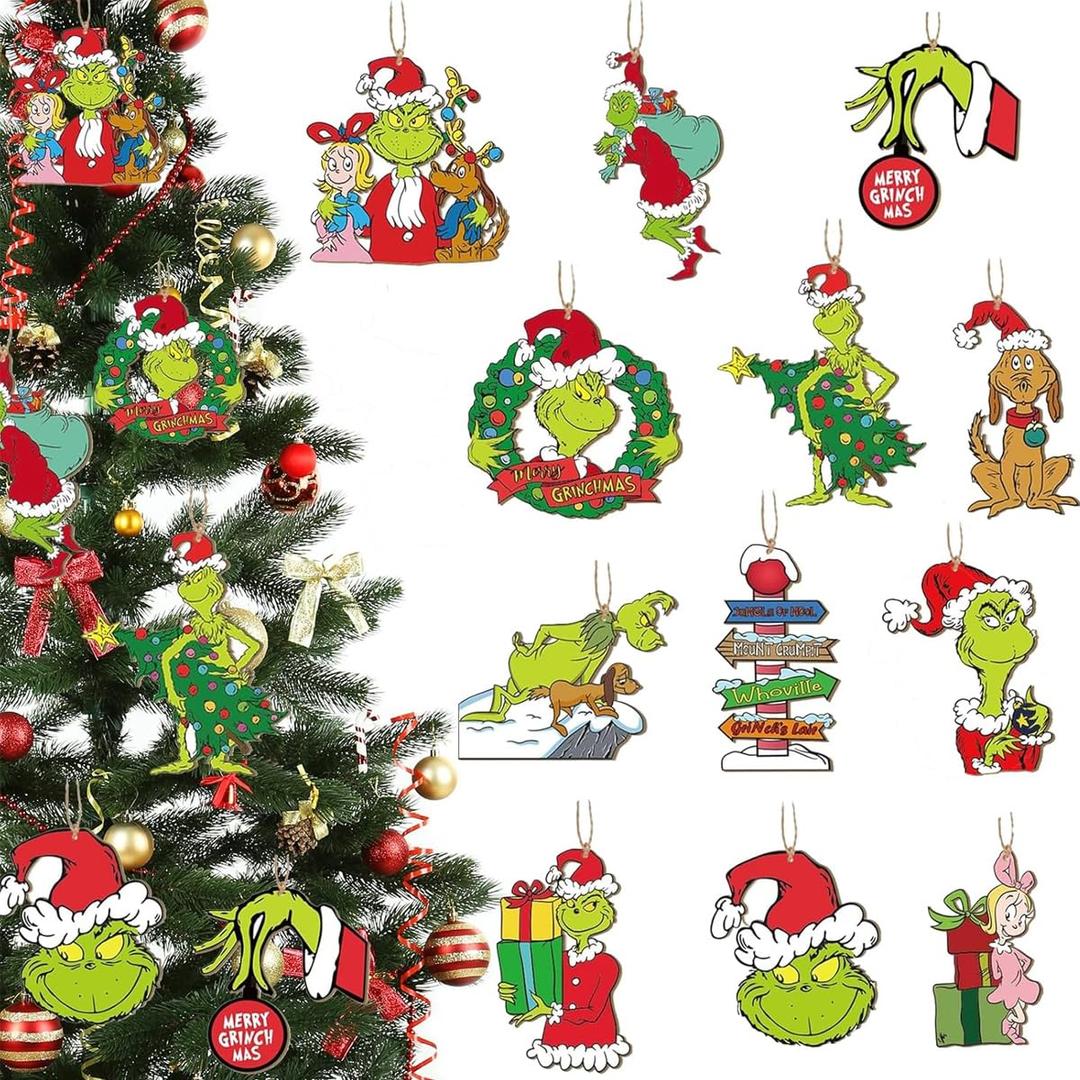 Christmas Tree Decorations Set 24 PCS, Xmas Wooden Ornaments Hanging Signs for Home Indoor Outdoor Party Decor (Cartoon)