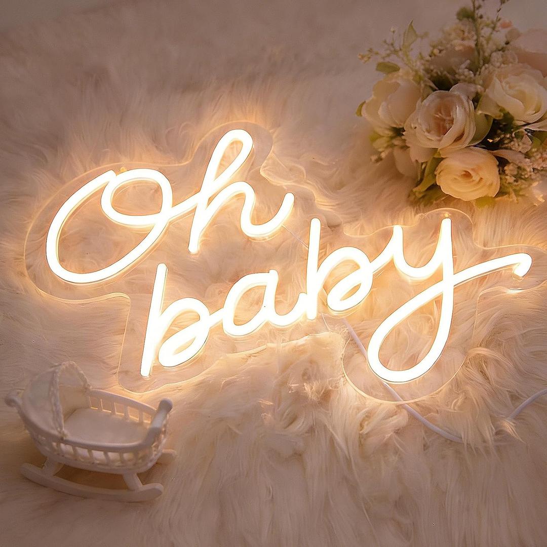 Oh Baby Neon Sign for Backdrop - USB LED Wedding Decoration with Dimmer | Baby Shower Backdrop Light, Nursery Neon Light | Flexible LED Strip and Acrylic Material | 16.54 x 10.63 inch