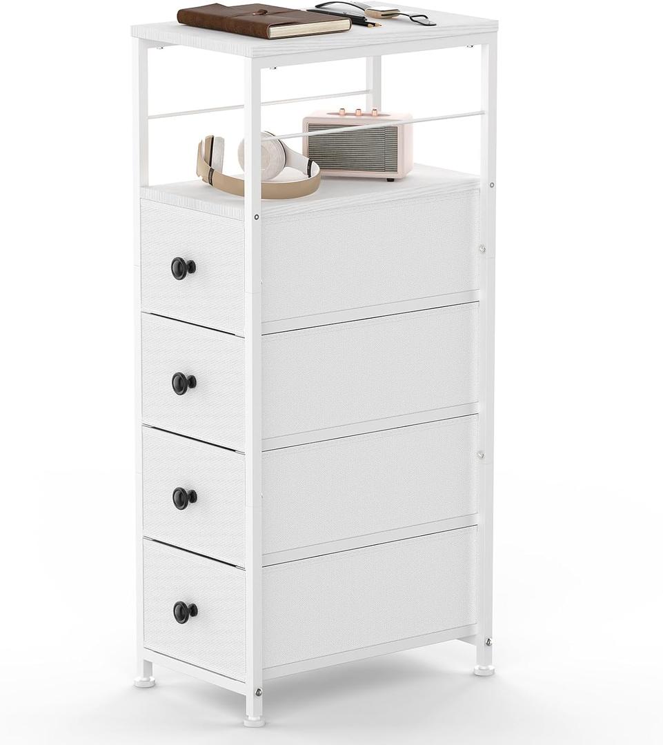 YBING Narrow Dresser for Bedroom, Slim Side Table with Drawer, Dresser Storage Cabinet with 4 Fabric Drawers, Chest of Drawers for Small Space, White