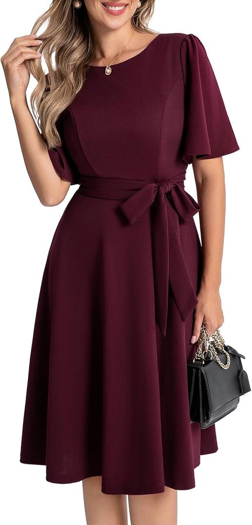 Bbonlinedress Women Midi Vintage Cocktail Party Tea Dress Short Sleeve Formal Wedding Guest Church Modest Dress (Medium, Burgundy)