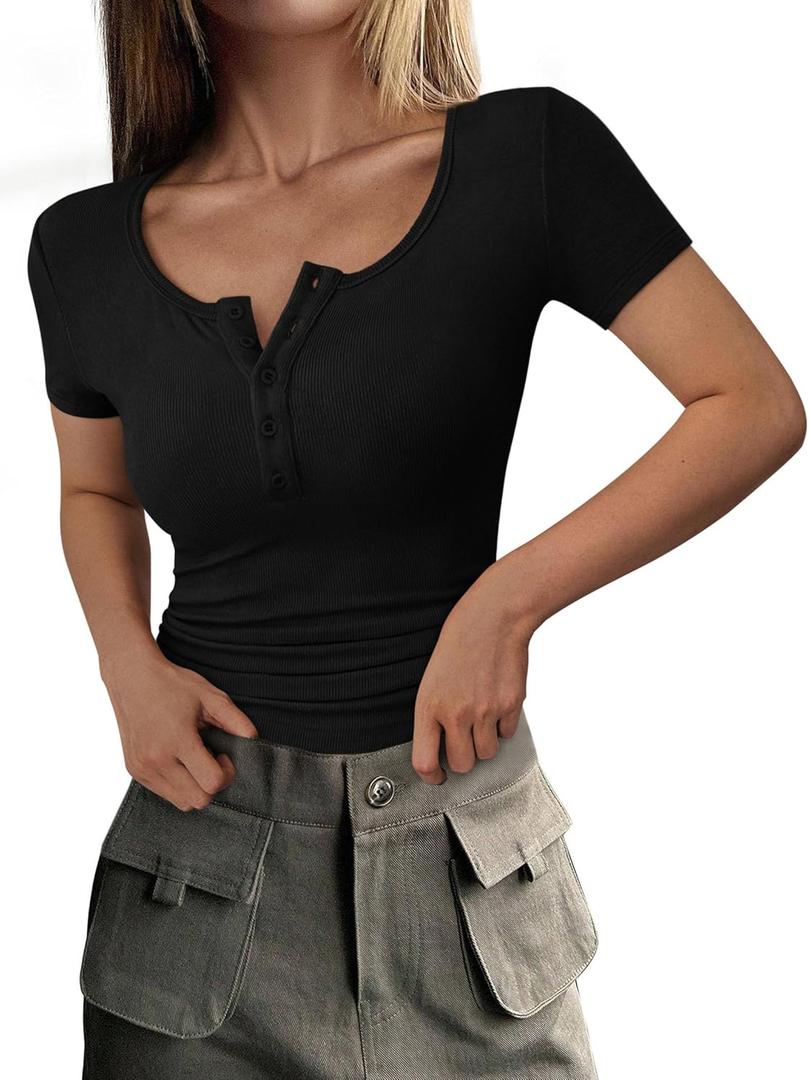 PRETTYGARDEN Women's 2026 Summer Short Sleeve Tops Ribbed Henley Button Slim Fit Basic Casual T Shirts Blouse Fashion Clothing (Large, Black)