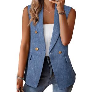 Happy Sailed Women’s Vest Tops Fall Winter Sleeveless Tweed Blazer Jackets Double Breasted Work Suit with Pockets (Blue)
