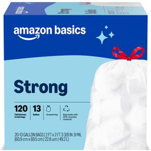 Amazon Basics Trash Bags, Tall Kitchen Drawstring, Unscented, 13 Gallon, 120 Count, Pack of 1