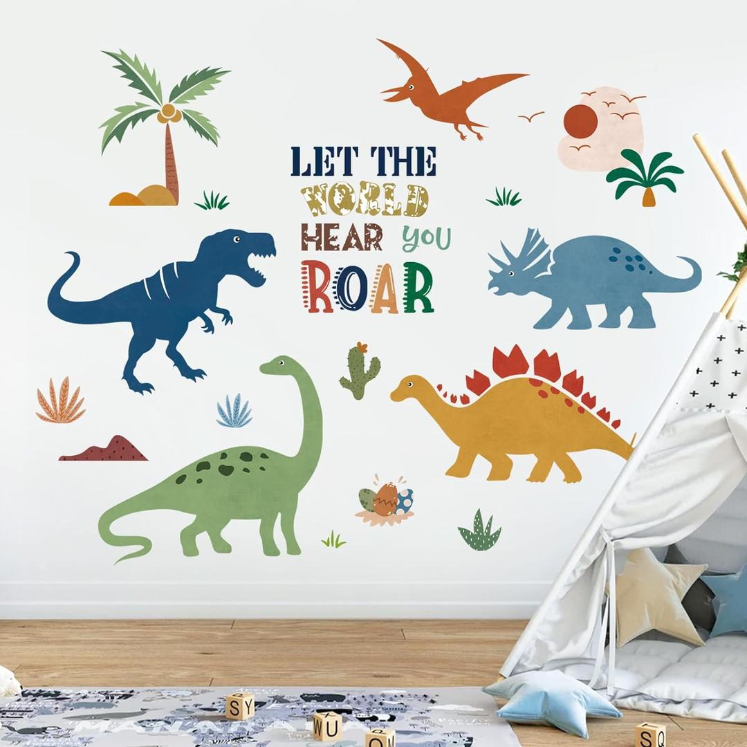 decalmile Boho Dinosaur Wall Decals Dino Palm Tree Wall Stickers Baby Nursery Boys Bedroom Playroom Wall Decor Gifts for Kids