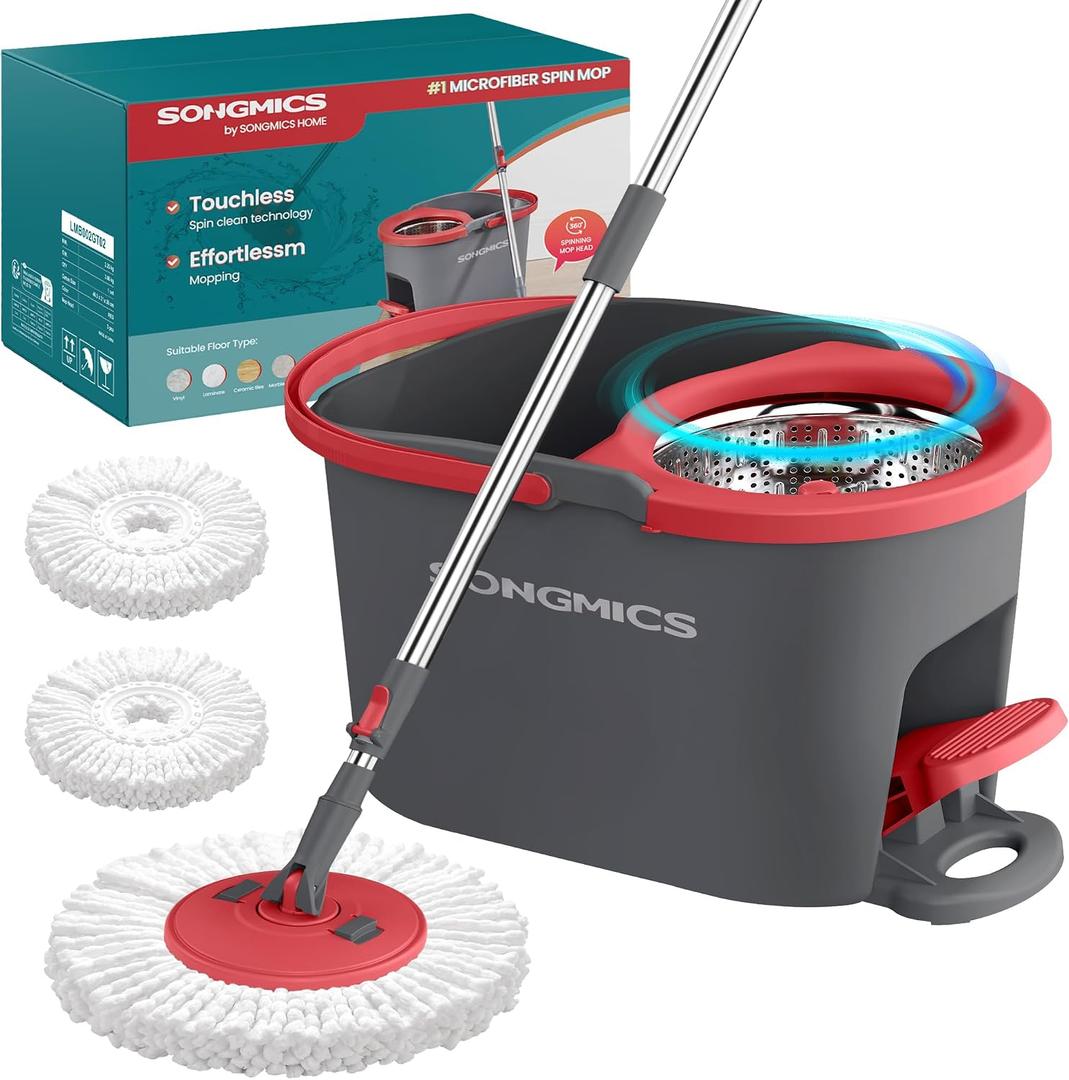 SONGMICS Spin Mop and Bucket Set with Pedal Wringer, Floor Cleaning Mop, Adjustable Telescopic Handle, Max. 59.1-Inch Length, 360 Rotating Head, 2 Microfiber Pads, Gray and Red ULMB002GT02