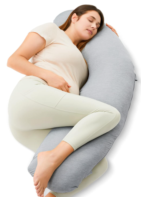 Momcozy Pregnancy Pillows for Side Sleeping, J Shaped Maternity Body Pillow for Pregnancy, Soft Pregnancy Pillow with Jersey Cover for Head Neck Belly Support, Grey