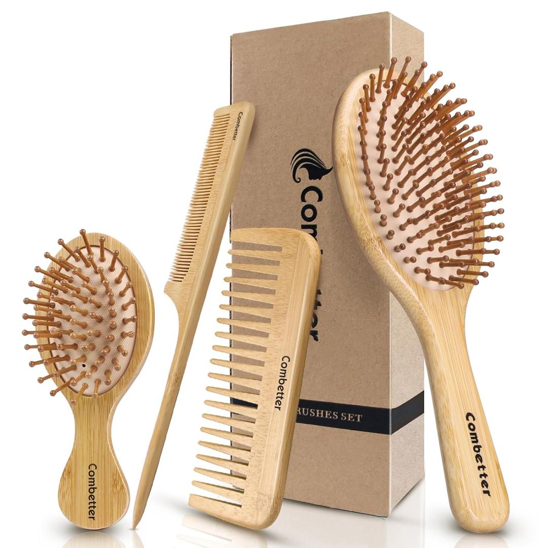 Combeter Bamboo Hair Brush and Comb Set (4PCS) Natural & Eco-Friendly Detangler Comb for Women, Men & Kid, Reduces Frizz, Promotes Healthy Hair Growth Wooden Paddle Brush with Scalp Massage