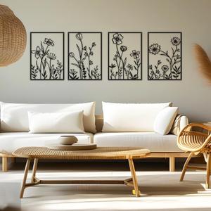 4 Pieces Abstract Black Metal Flowers Wall Sculptures for Home Decor, Contemporary Floral Wall Art Set, Modern Black Line Wall Hanging Decorations for Bedroom Living Room Bathroom,12 x 17 Inches