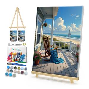 HeeBenor Framed Paint by Numbers Kit for Adults, Landscape Paint by Number with Easel, DIY Beach Oil Painting by Number, Adult Paint by Number Kits Framed Canvas for Home Wall Decor 8x12 Inch