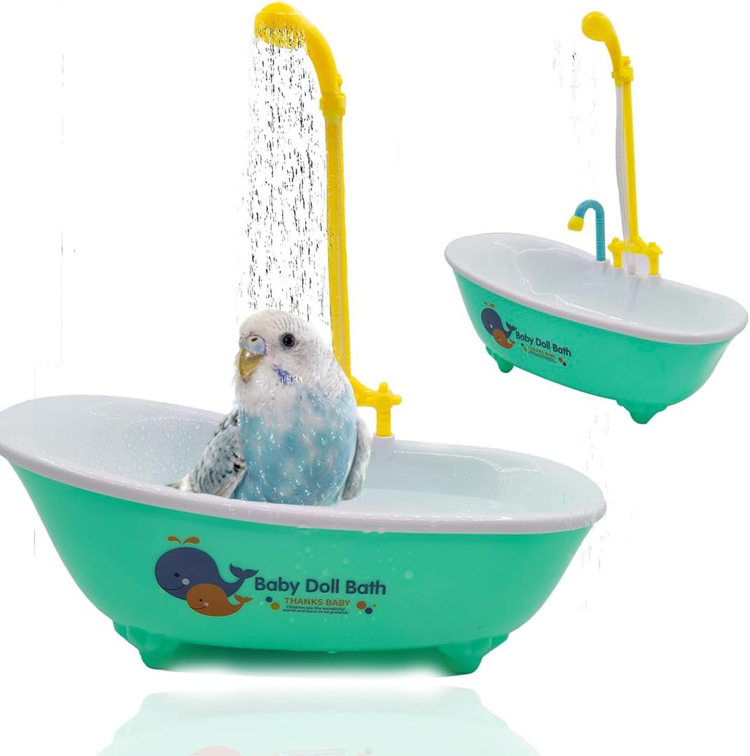 MUYG Parrot Automatic Bathtub with Shower, Cute Durable Bird Bath Shower Tub Birds Bath Fountain for Small Medium Parrots Cockatiel Parakeets Conures Lovebirds(Green 10.2 x 4.0 x 11.02Inch)