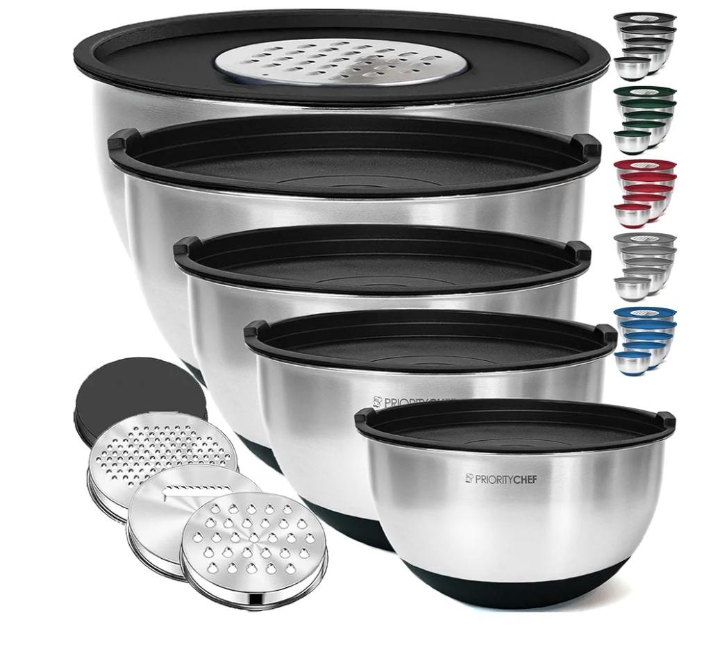 Priority Chef Stainless Steel Mixing Bowls with Lids Set, 3 Grater Attachments, Airtight Lids, Non-Slip Silicone Base Mixing Bowl Set, Large Prep Metal Mixing Bowls for Kitchen, Black